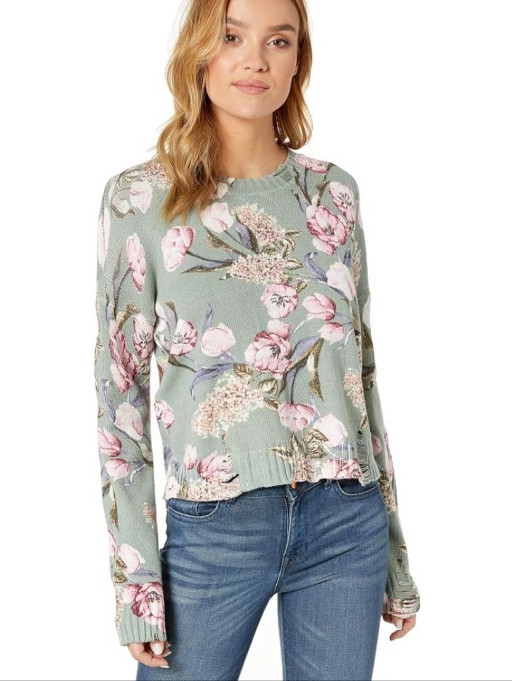 Show Me Your MuMu Primavera Floral Cropped Sweater Deep Teal Pink Distressed Sm